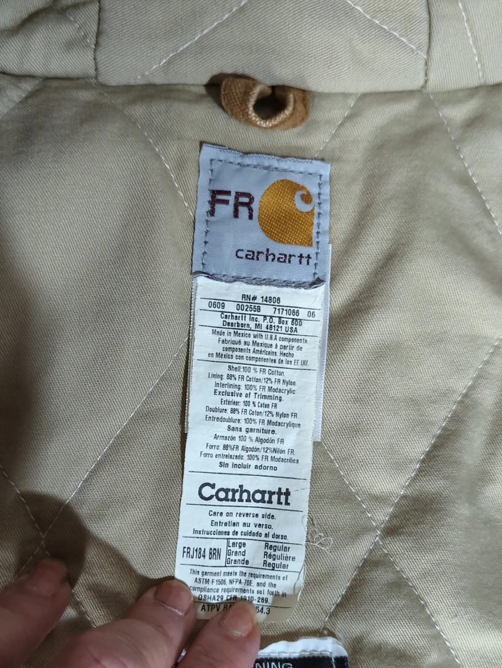 vtg Carhartt Tan Hooded Insulated Work Jacket FRJ184 Flame Resistant Sz L